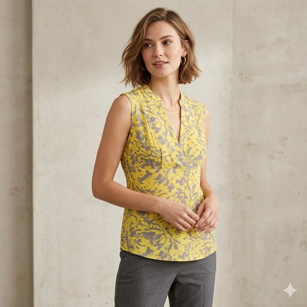 Banana Republic Crossover V-Neck Sleeveless Blouse Abstract Floral Yellow 8P